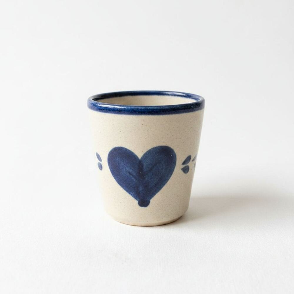 Vintage Stoneware Crock Cup Blue Heart Hand Painted Beige Navy Rim